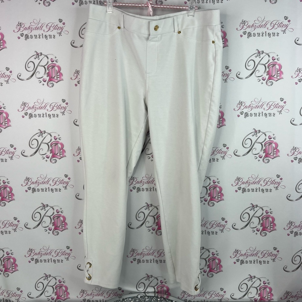Michael kors pants corset leg bottom lace up White Pants with Gold Accents